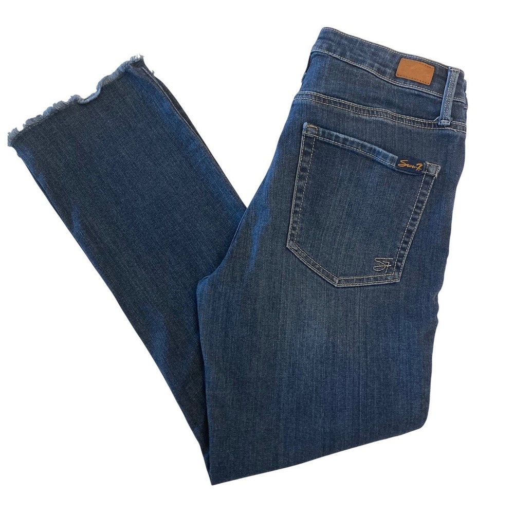 Seven7 Womens High Rise Flare Jeans Dark Wash Raw Hem Blue Denim Size 6
